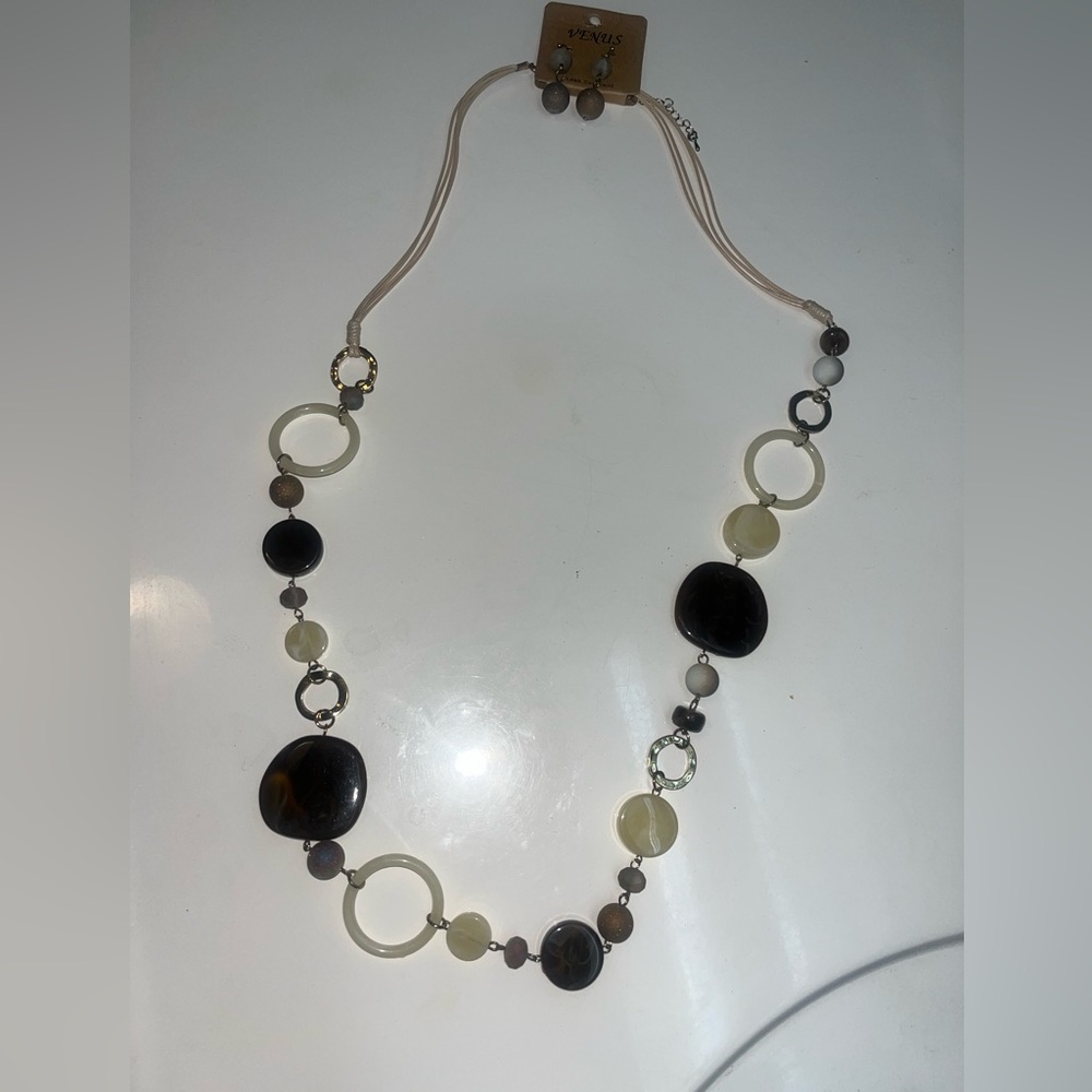 Long Black and Cream Beaded Women's Necklace